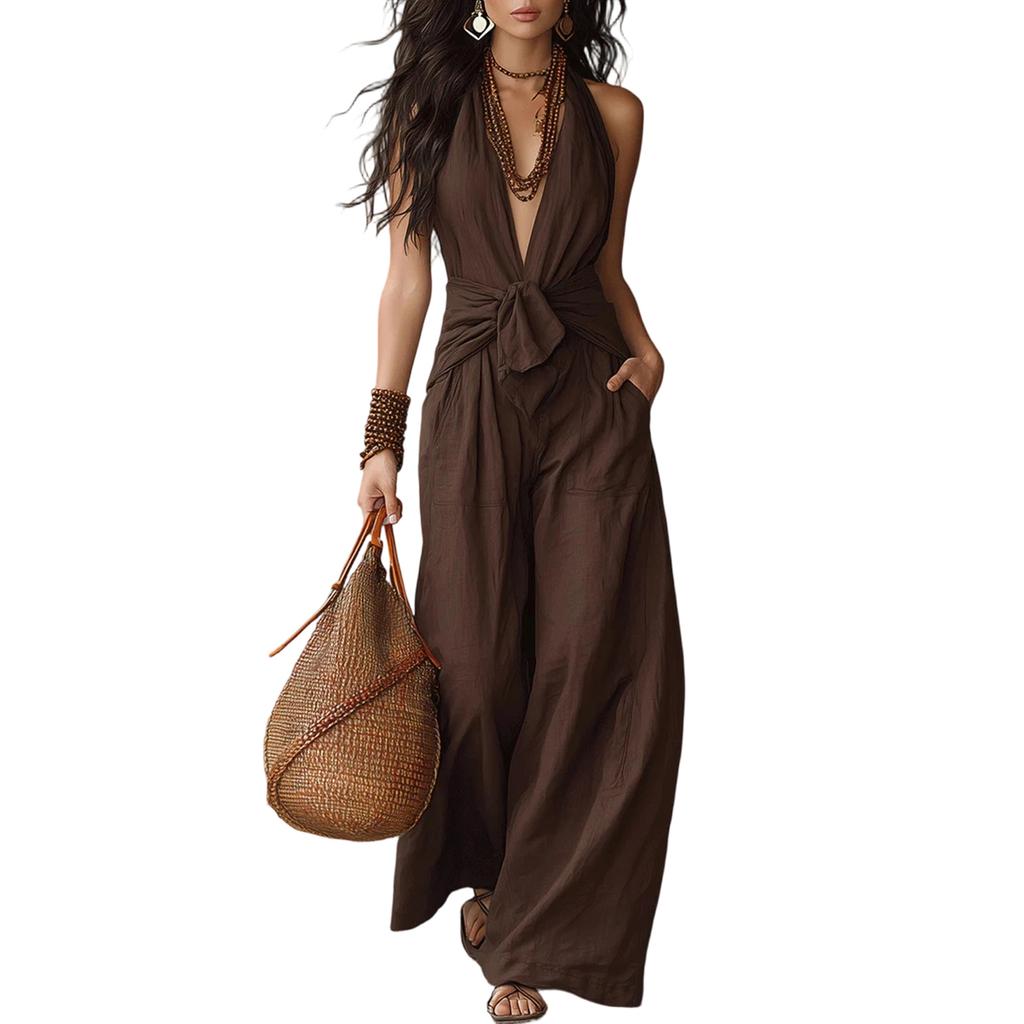 Sleeveless Wide Leg Jumpsuit for Women Casual Loose Fit Double Pocket Summer Romper with Tie Front and V Neck