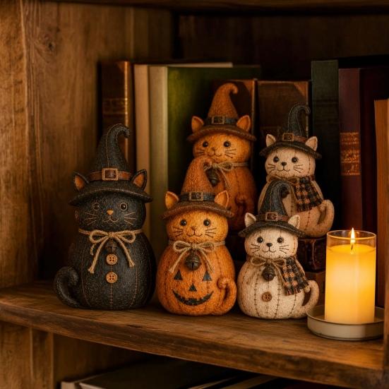 Halloween Table Decorations 3Pcs Witch Cat Dog Statues, Resin Rustic Farmhouse Small Harvest Figures Ornaments for Autumn Thanksgiving, Fireplace