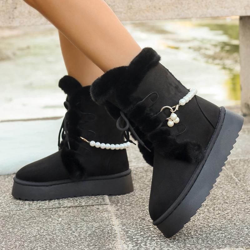 Non Slip Thick Bottom Furry Snow Boots Women 2025 Winter Pearl Bead Fluffy Fur Ankle Boots with Platform Warm Plush Suede Shoes