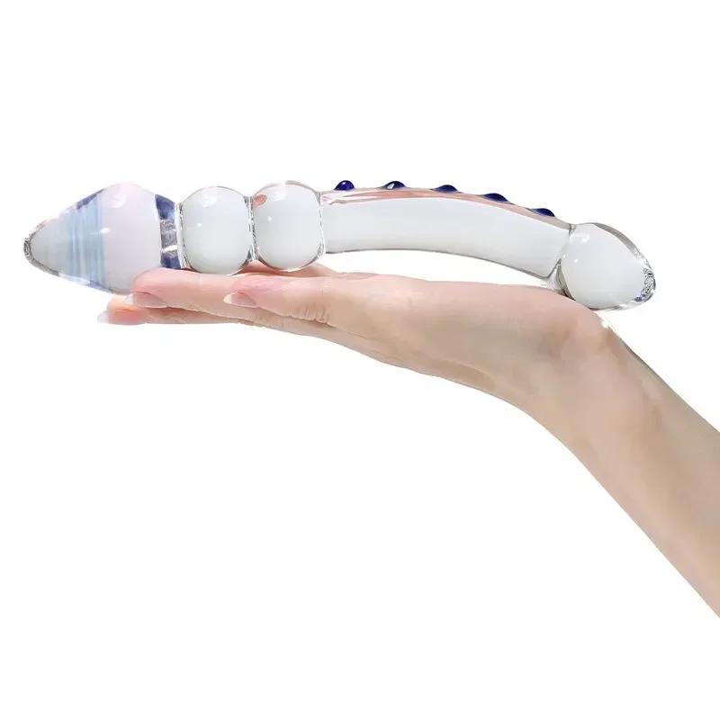 Double Ended Crystal White Pyrex Glass Dildo Artificial Penis Granule Spiral G Spot Massager Adult Game Sex Toys for Woman Gay