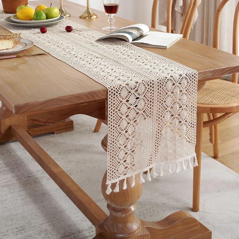 Beige Crochet Tassel Table Runner,Cotton Fabric for Kitchen Dining Coffee Table Wedding Birthday Holiday Decor