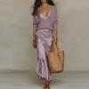 Spring Long Sleeve Loose Sweater Women's Set Elegant V Neck Satin Long Dress Suit Summer Casual Slim Vacation Beach Outfit Mujer