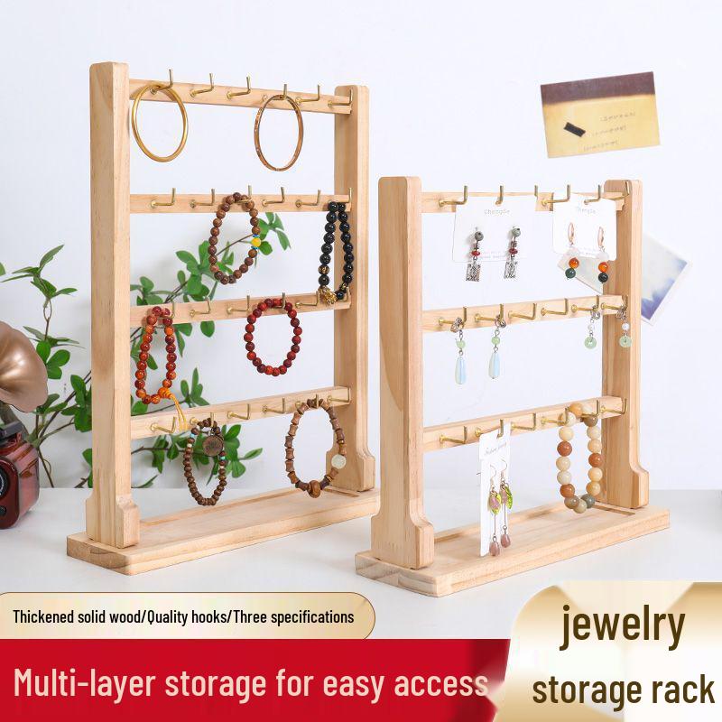 Solid Wood Jewelry Display Stand with Hooks - Earring, Lipstick, and Keychain Storage Rack
