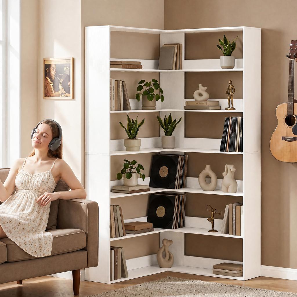 7 Tiers Bookshelf, L-Shaped Corner Bookcase with Anti-Slip Rear Guard, White Wood Effect