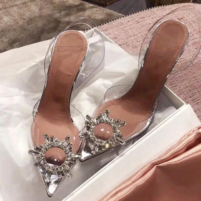 Luxury Designer CRYSTAL Diamond PVC Transparent High Heels Women Sexy Pointed Toe Women Pumps Elegant Banquet Prom Dress Shoes