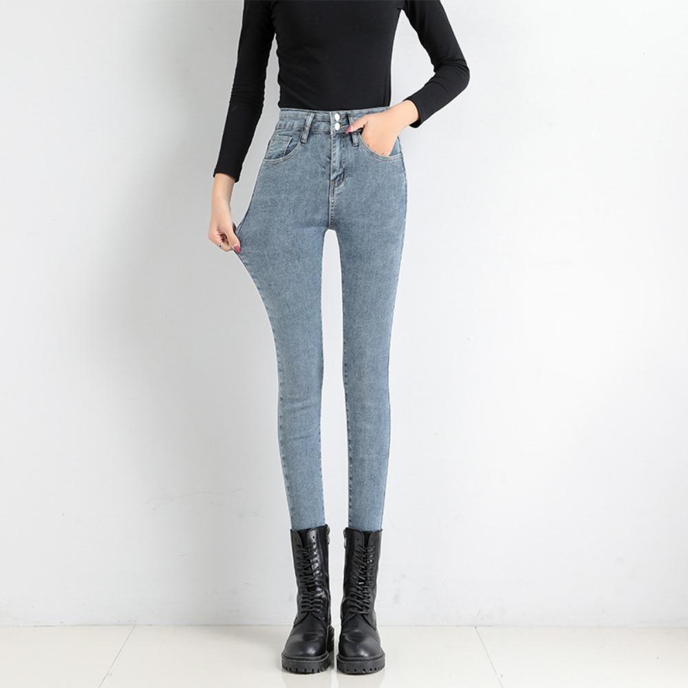 Korejská verze vysokých a malých džínů pro dámské jaro a podzim s vysokým pasem a tenkých, slim-fit elastických tužkových džínů s dvojitou přezkou
