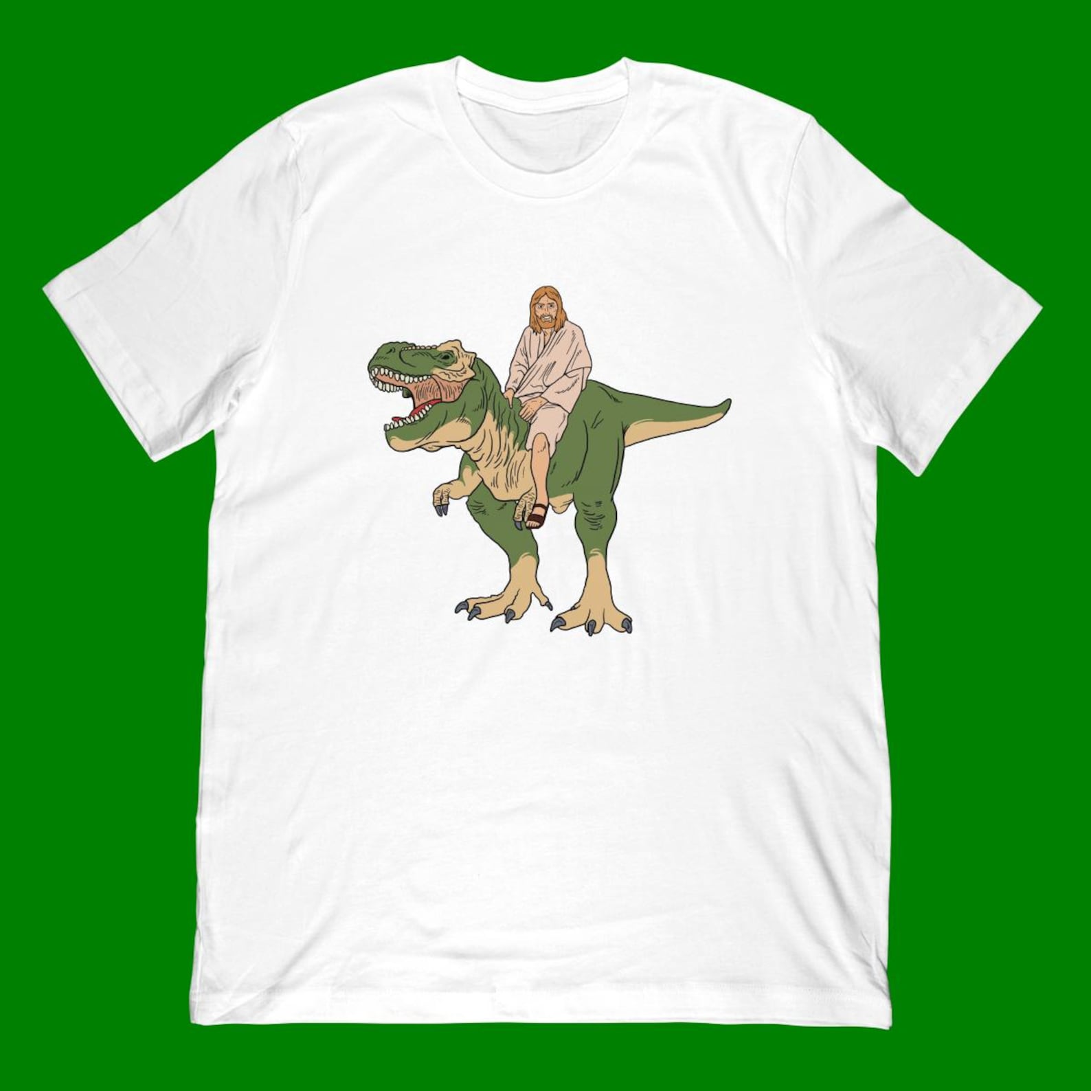 Jesus Riding Dinosaur T-Shirt | Funny Religious T-Rex Graphic Tee XL