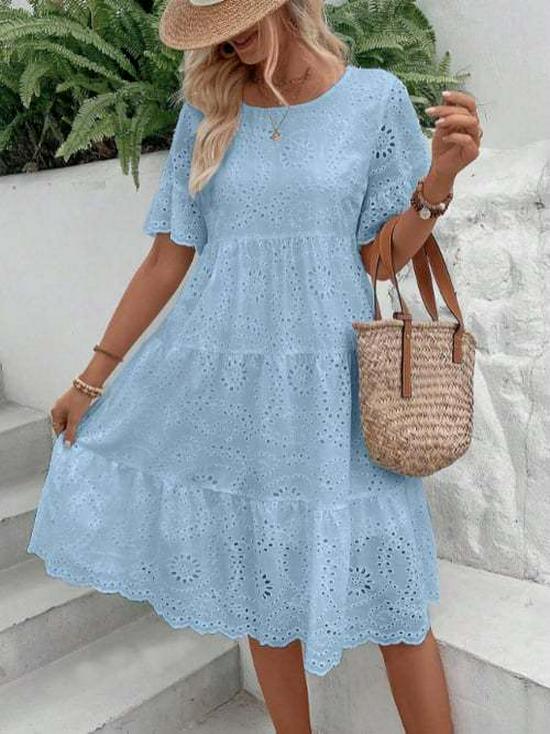 European Fashion 2025: Solid Color Cotton Embroidered Lace Dress