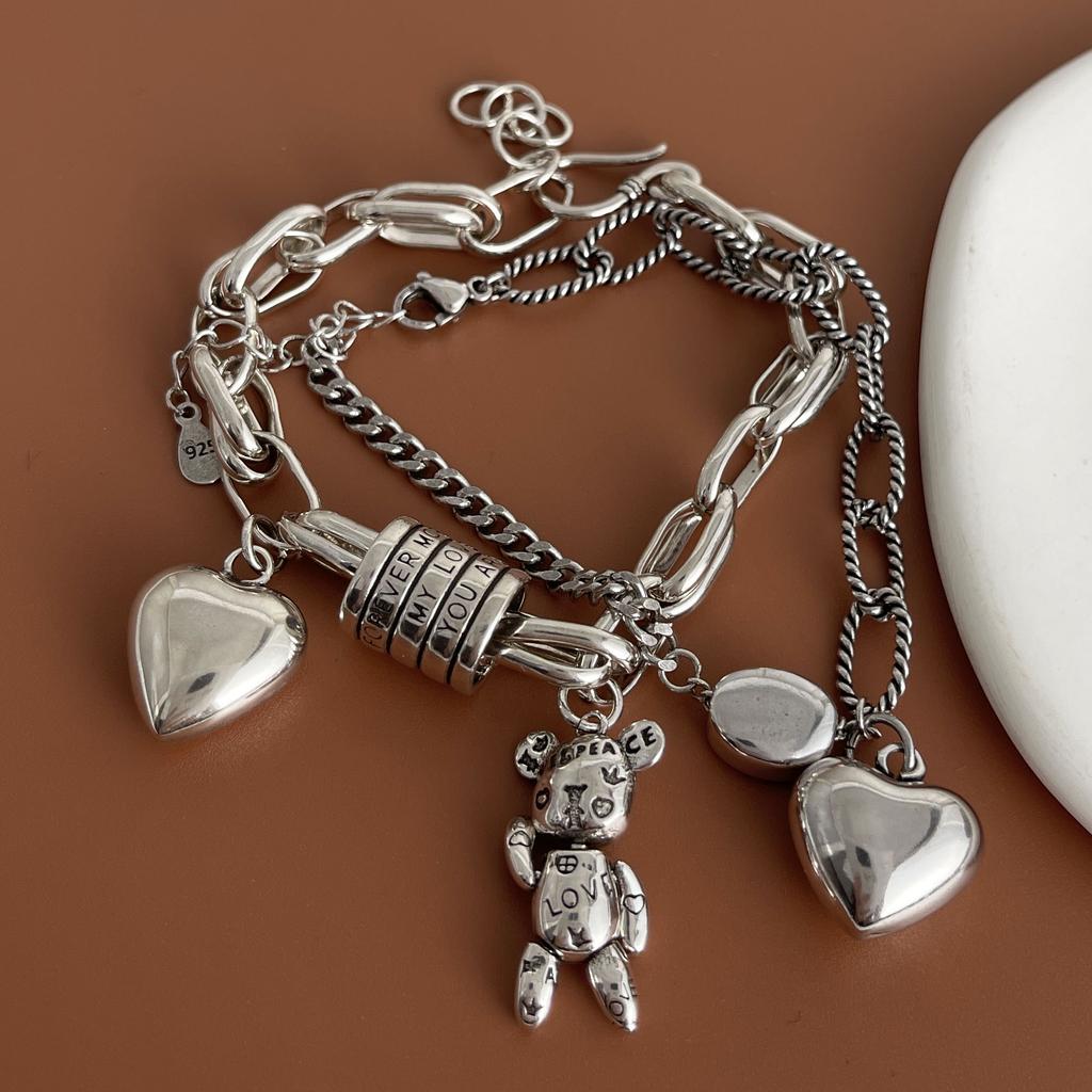 100% Solid 925 Silver Retro Bracelet for Women Men Vintage Handmade Heart Bracelet Birthday Gift