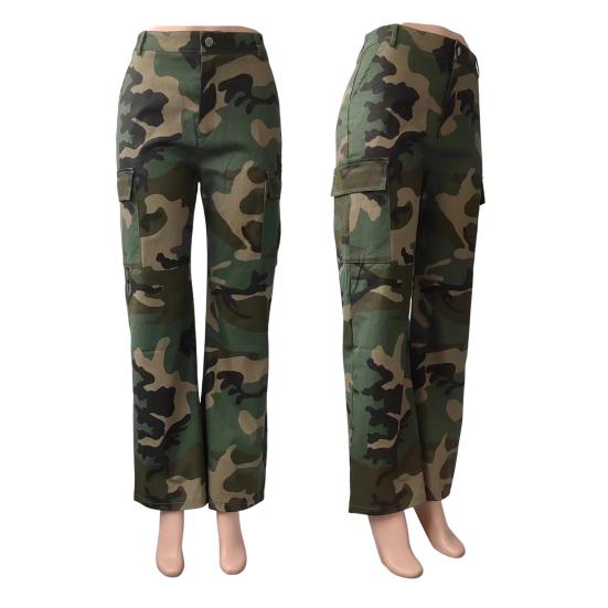 Dame Camo Print Cargobukser Høy Midje Vide Ben Baggy Streetwear Casual Kamuflasje Militærbukser med Lommer