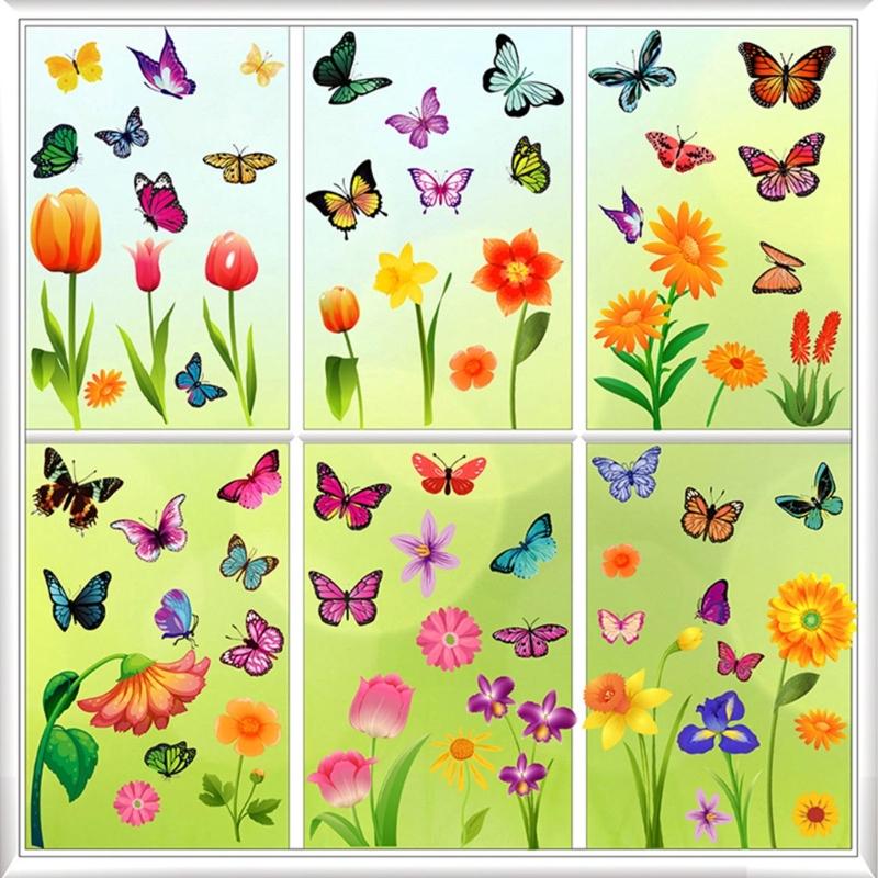 Window Cling Decal Butterfly Flower Pattern Friendly PVC No Residues Easy Application