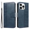 For iPhone 14 Pro Max Leather Case Wallet Stand Grids Imprinted Phone Cover with Strap