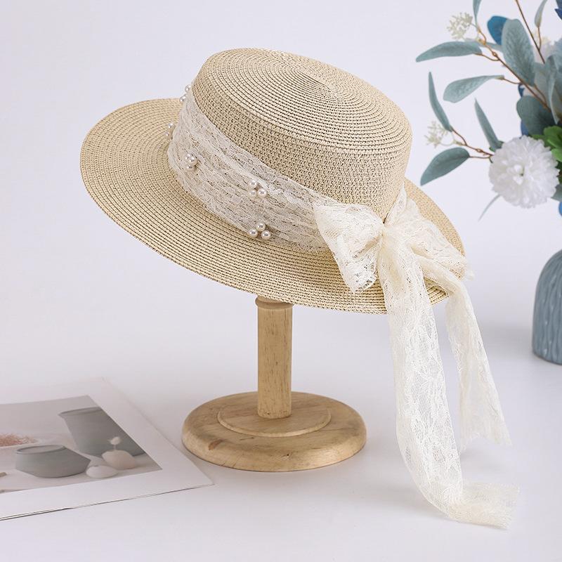 New embroidered lace streamer bow straw hat women's summer flat-brimmed sunscreen sun hat seaside big edge beach hat