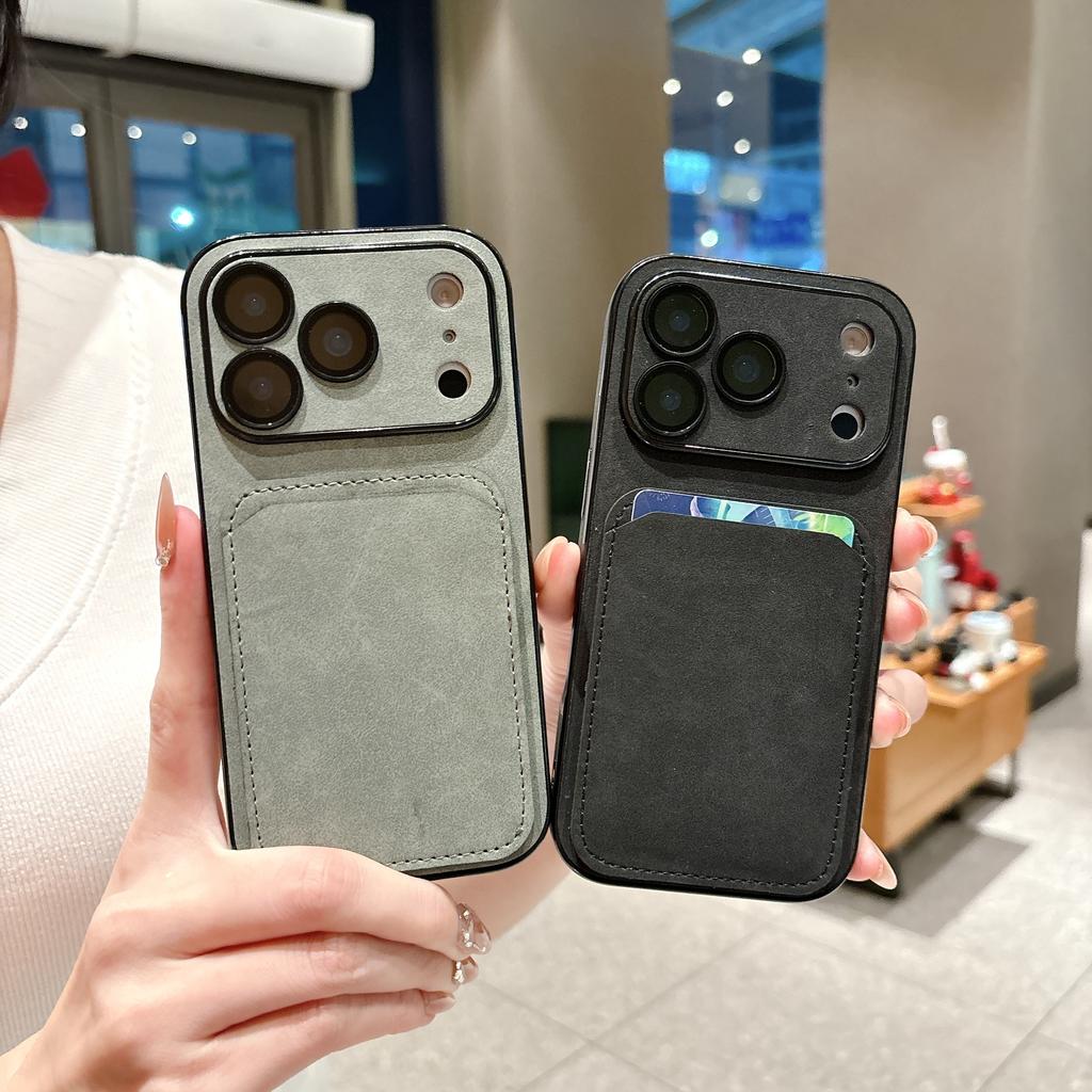 Wallet Card Holder Suede Leather Phone Case For iPhone 17 16 15 14 13 Plus Pro Max Business Insert Card Matte Lens Glass Cover