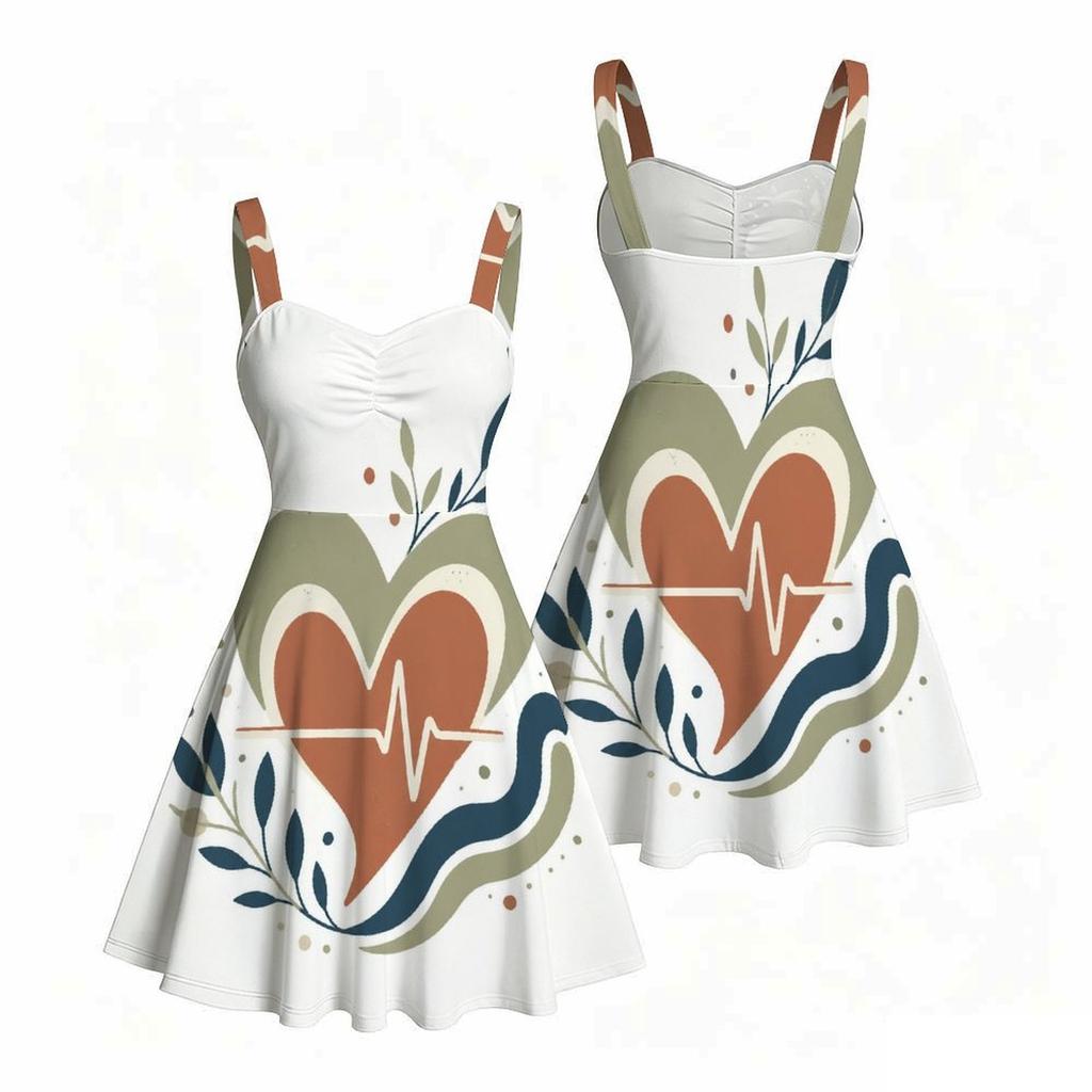 Women Plus Size Spaghetti Strap Off Shoulder Dress Heart Electrocardiogram Botanical Art Print Swing Dress