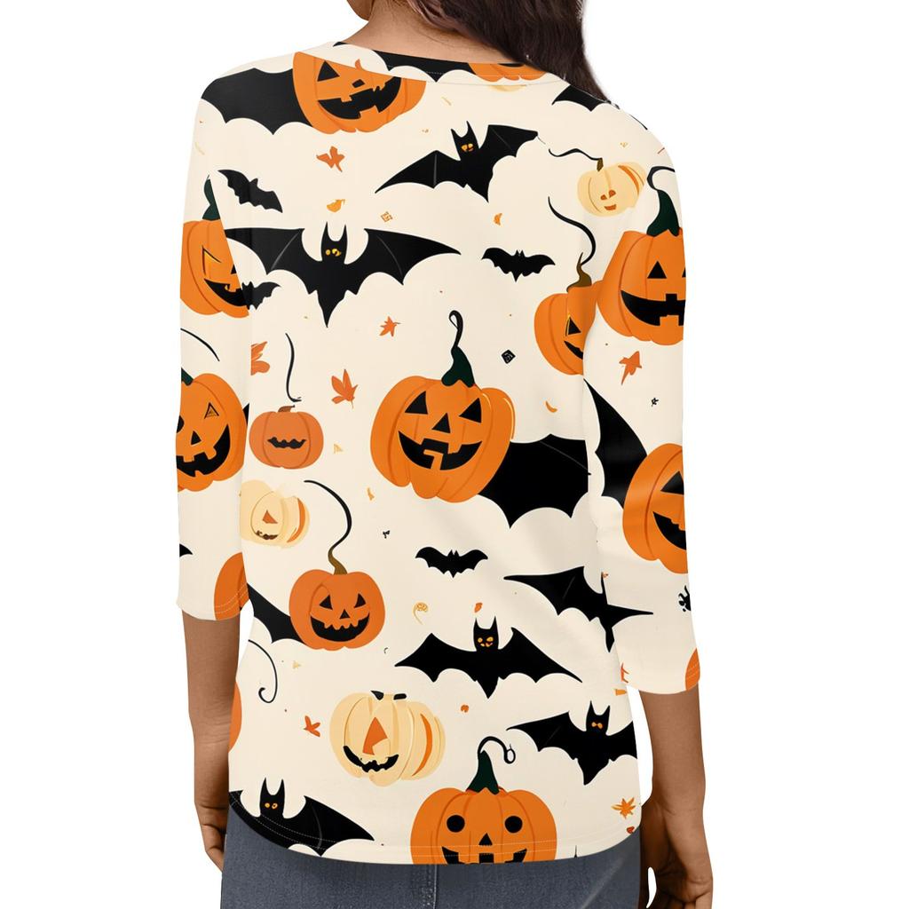 Women's Fashion Casual Three-quarter Sleeve Halloween Printed Round Neck Top