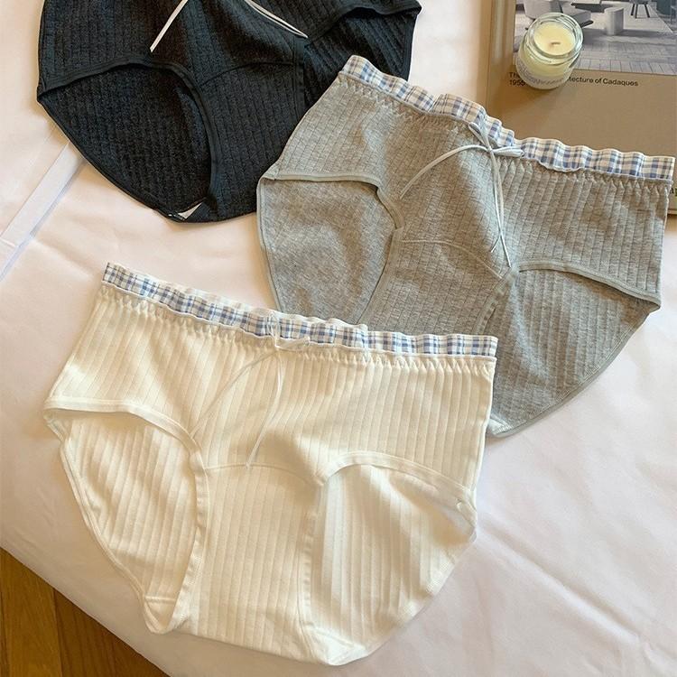 Girl Spring and Autumn Sweet Plaid Edge Splicing 10A Antibacterial Wrapped Hip Mid Waist Triangle Briefs