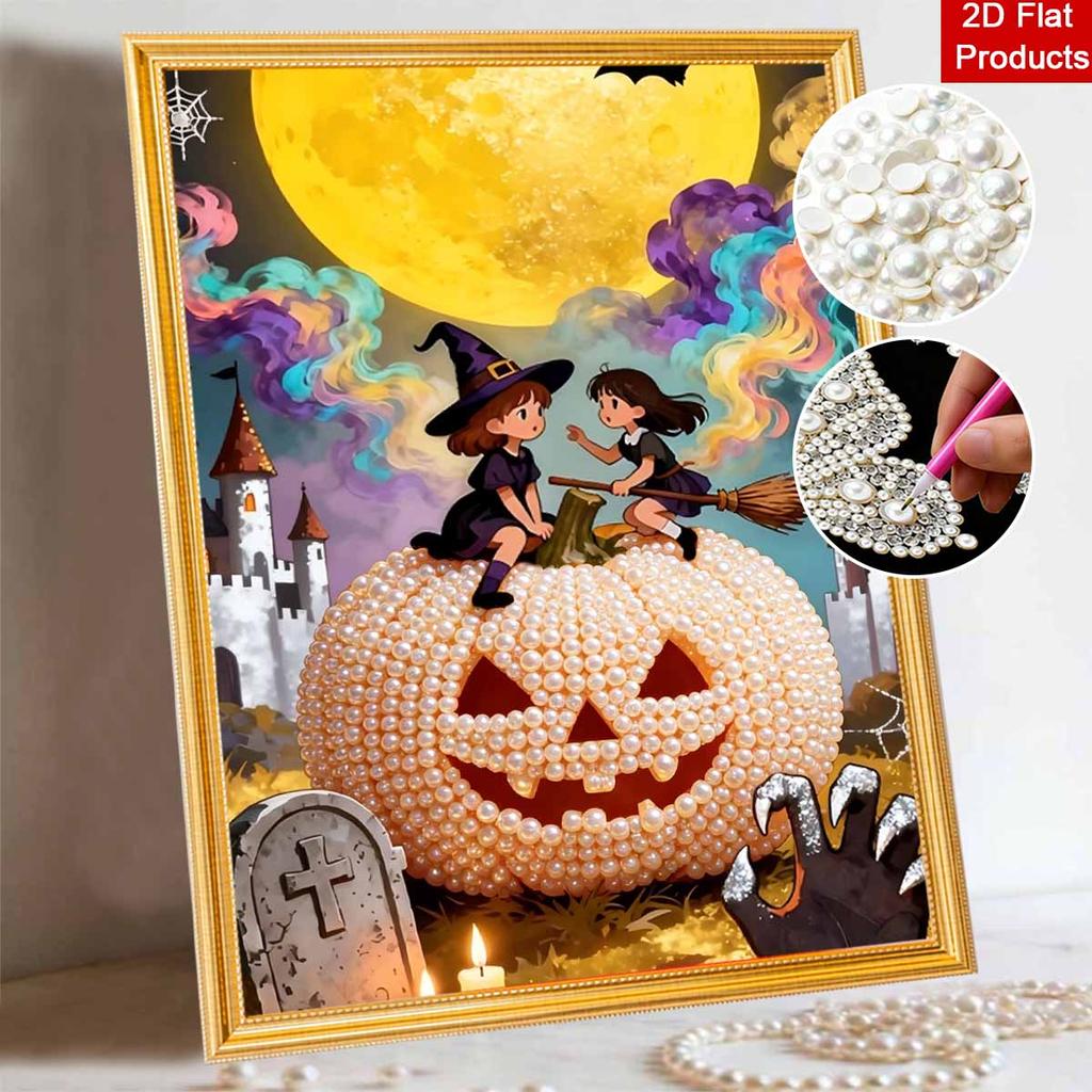DIY 3D Pearl Painting Canvas Halloween Pumpkin Witches Pattern Relaxing Leisure Craft Kit for Adults Home Wall Art Decor Supplies
