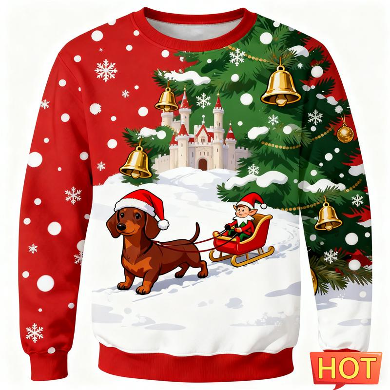 2026 New Dachshund Graphic Ugly Christmas Sweater Fashion Cute Dog 3D Printed Xmas Sweatshirts Loose Breathable Unisex Pullovers
