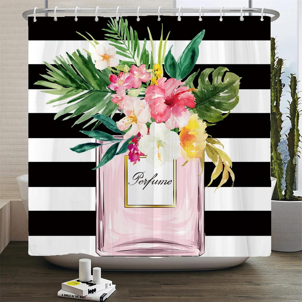 Perfume Bottle Flower Shower Curtain Set Black White Stripes Fashion Girl Woman Bathroom Decor Polyester Bath Curtains Hooks