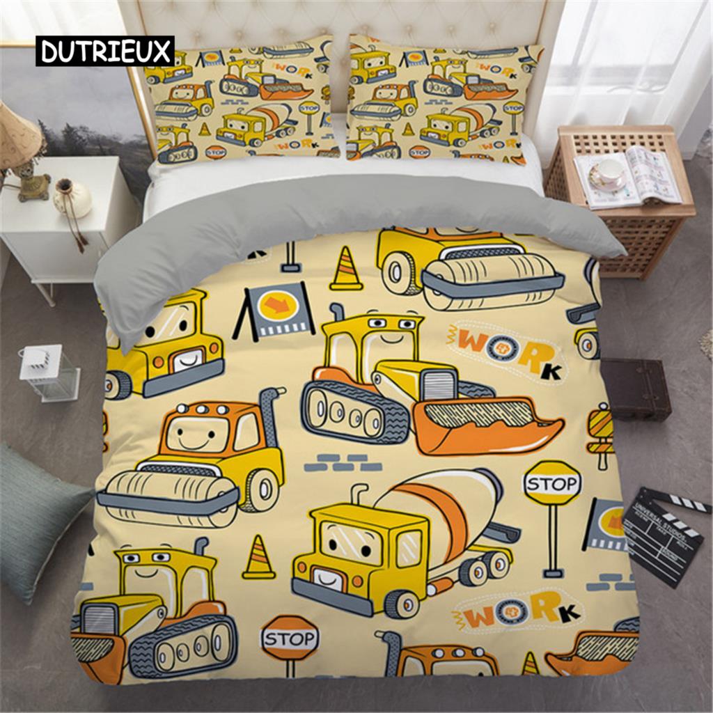 2/3-teiliges Einfache Cartoons Auto Bettwäscheset Hohe Qualität Kind Bagger Kran Polyester Bettbezug Einzeln Doppel Voll Queen King Size