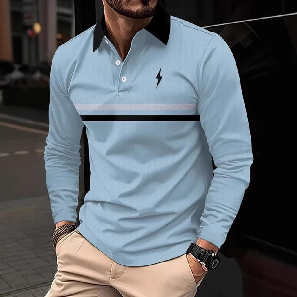 Lässiges Herren-Poloshirt mit langen Ärmeln, atmungsaktiv und bequem, geeignet für gestreifte Druckgrafiken und Golfer-Gra