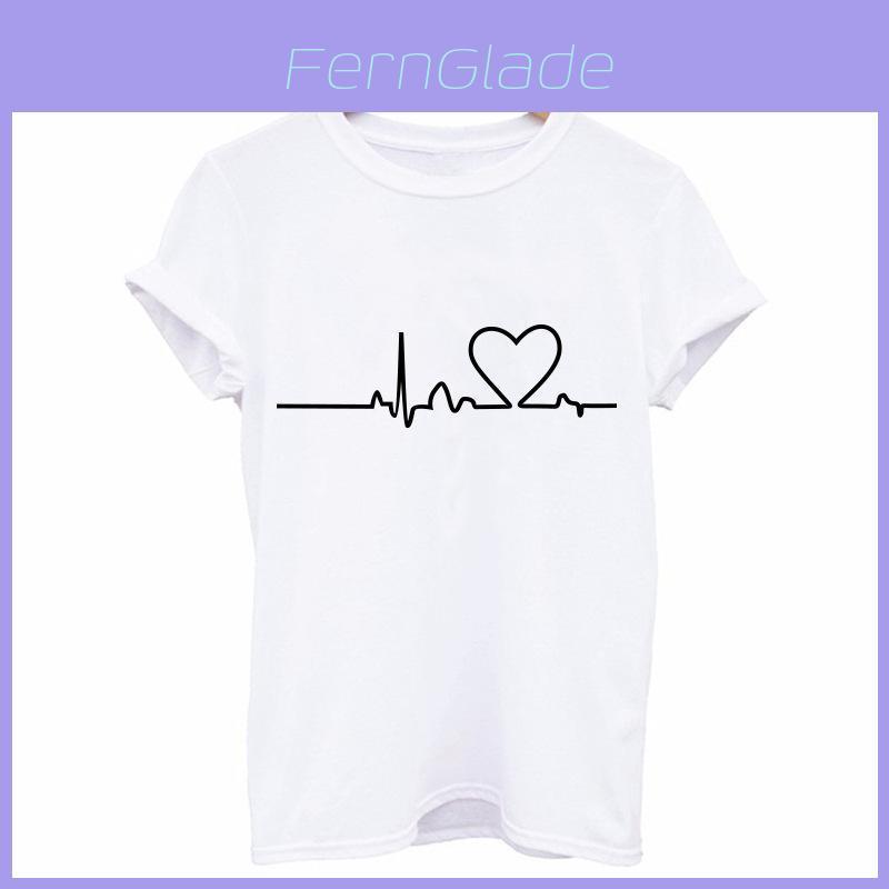 Hochwertiges Sommer Damen Rundhals T-Shirt mit Print und modischem Herzschlag-Design