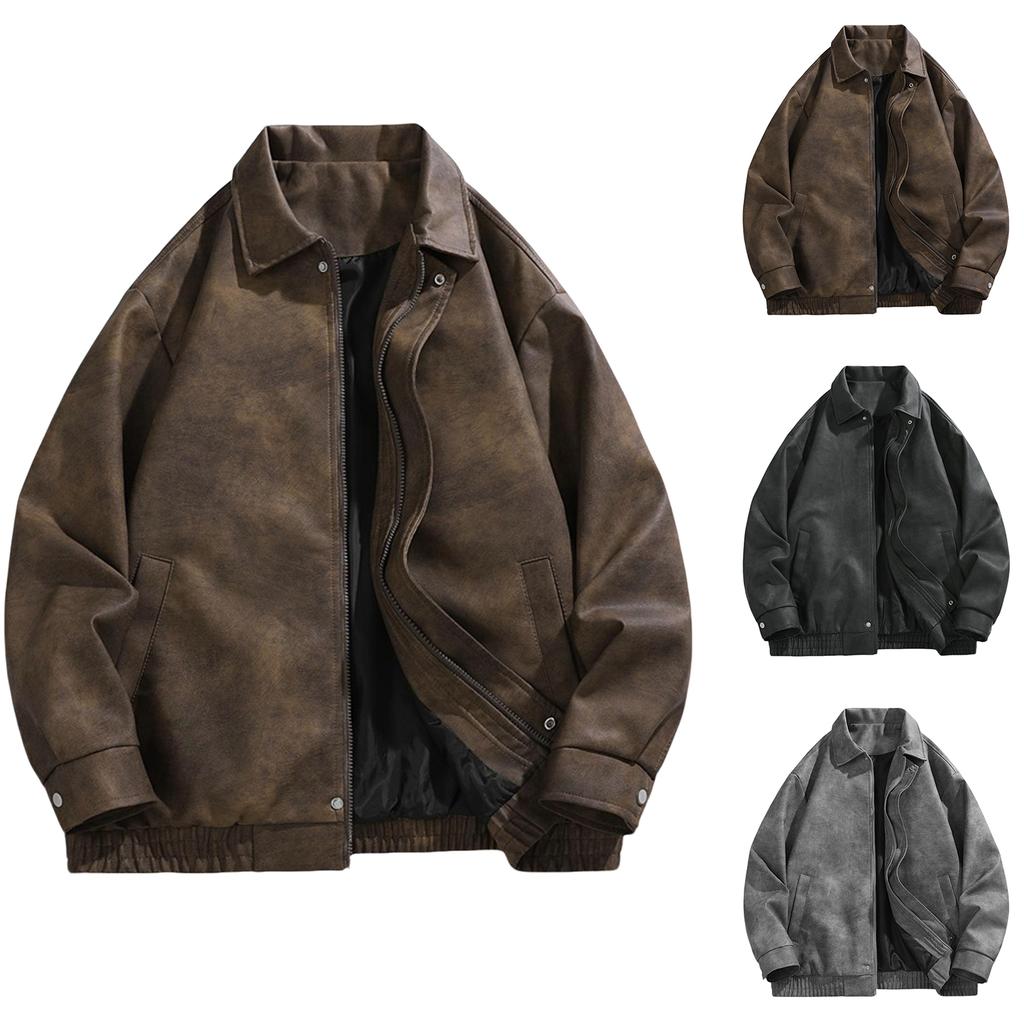 Men's Loose Leather Jacket Zip-Up Jackets Causal PU Leather Coats
