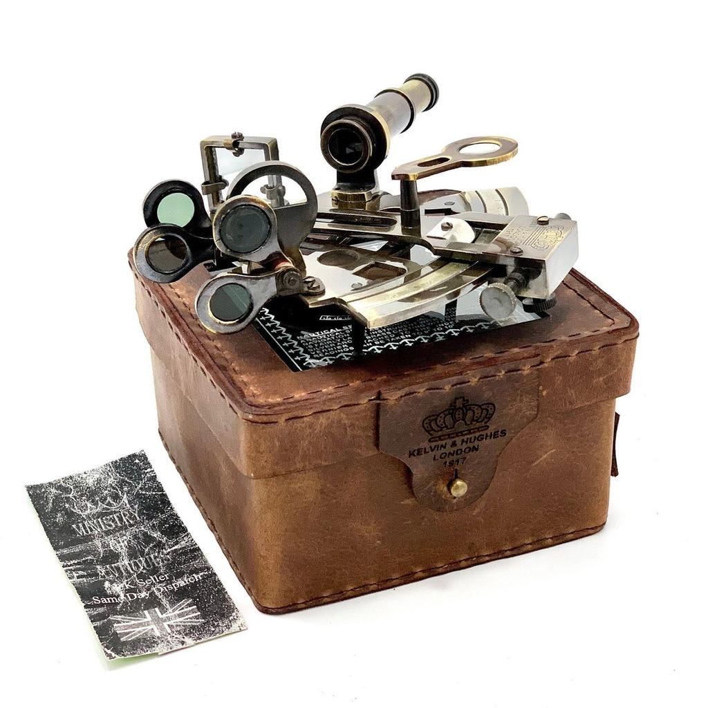 Antiker maritimer nautischer Sextant Vintage Marine Astrolab Schiffsgeräte mit echter Lederbox Messing Schiffssextant mit Glasdeckelbox