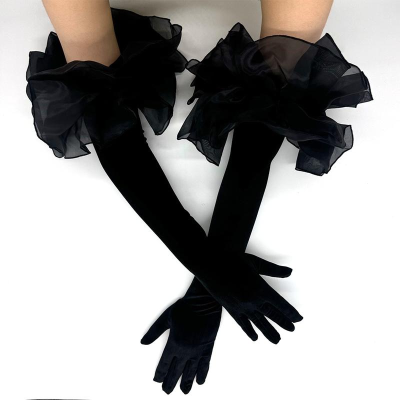 Ladies Velvet Long Gloves Black Ruffles Elastic Wedding Bridal Opera Stage Evening Dress Party Gloves