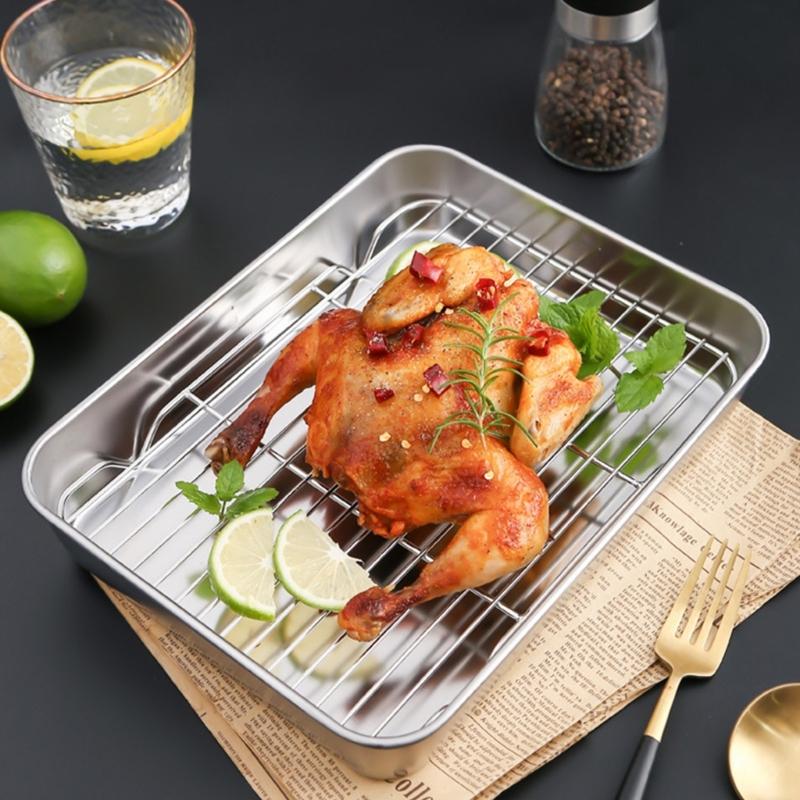 Stainless Steel Roasting Baking Pan And Wire Rack Set For Uniform Cooking Durable Rusts Resistant Easy To Clean Surfaces