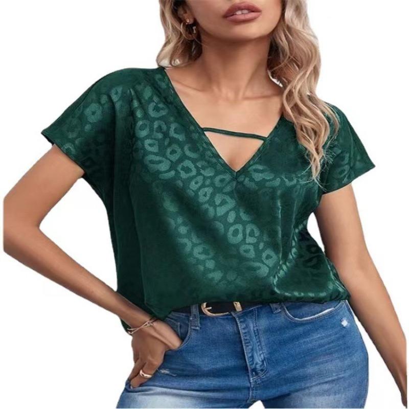 Spring Women's Clothing Color Ding V-neck Satin Top Loose Fitting Women's Clothing T-Shirts Women’s