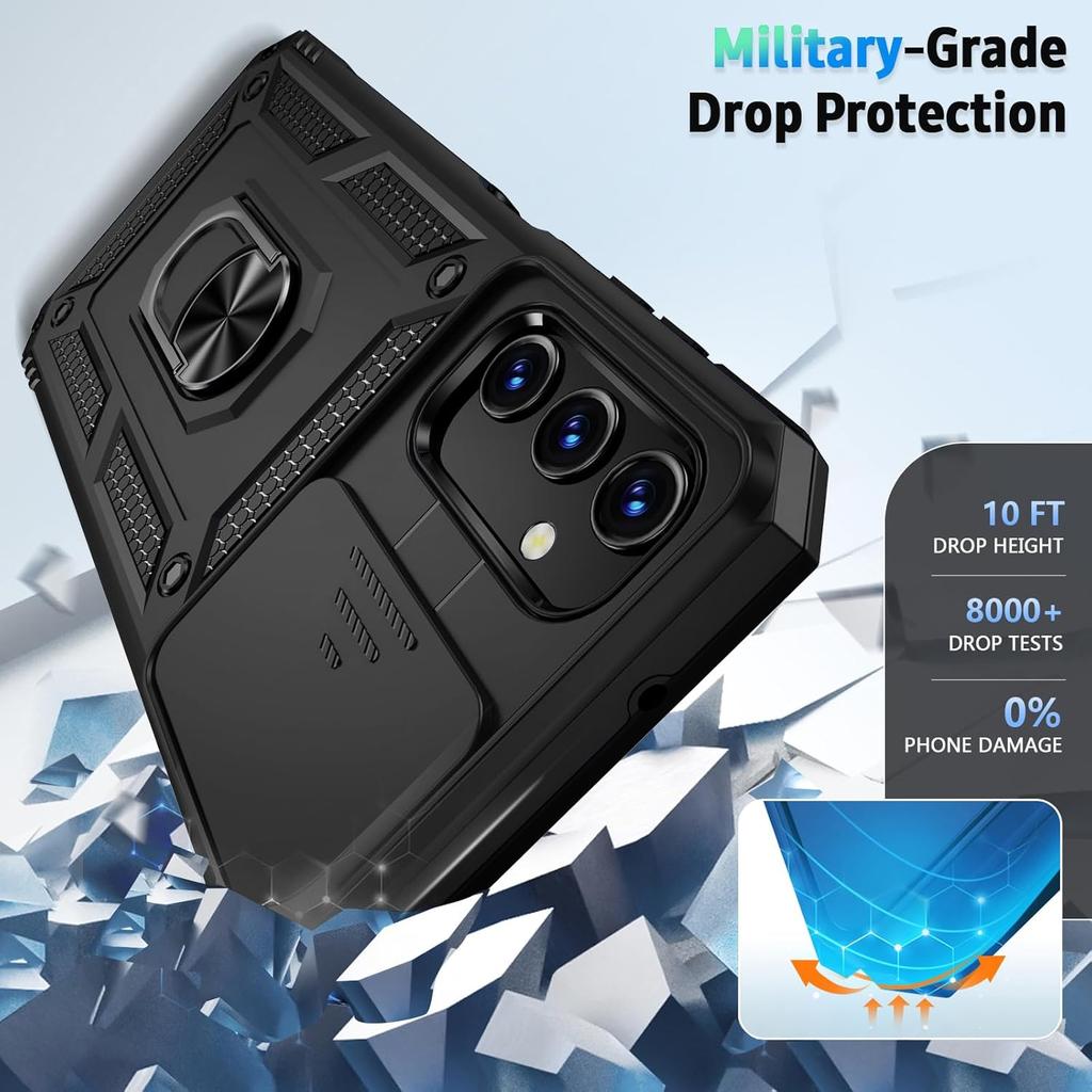 Vinve for Samsung Galaxy A03S Case with Slide Camera Lens Cover, HD Screen Protector, Military Grade Drop Protection, Magnetic Rotated Ring Holder