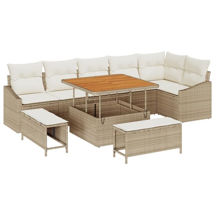 VidaXL Ensemble de Canapé de Jardin 9 Pièces avec Coussins Beige Rattan Poly Acacia 3362666