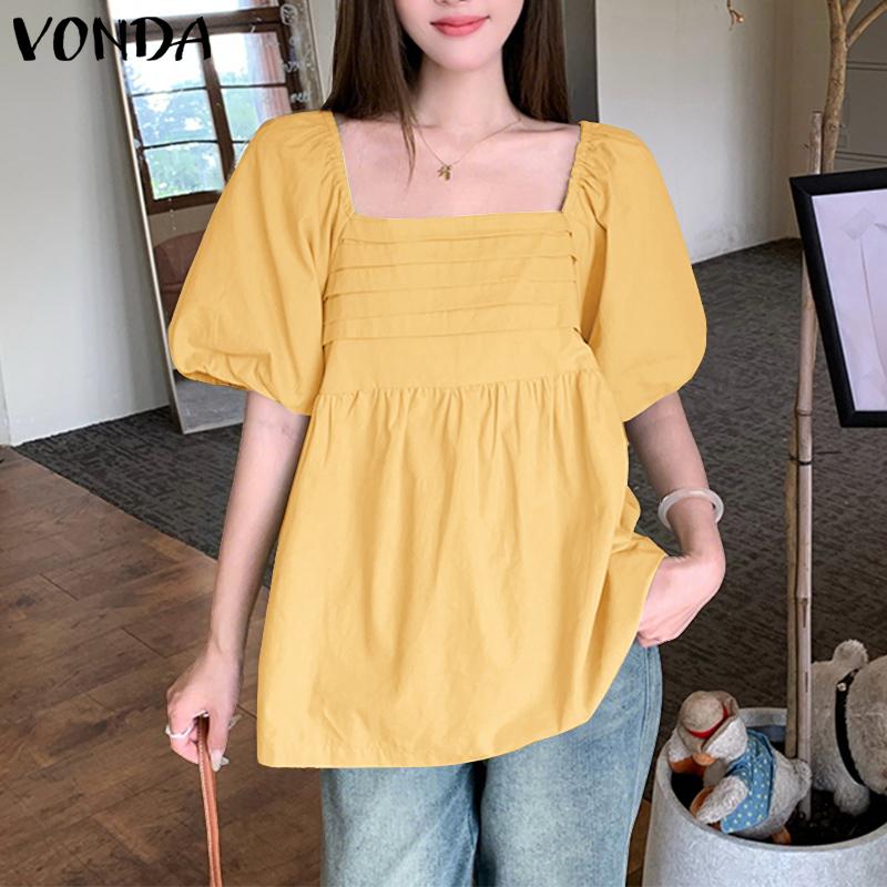 VONDA Summer Women Square Collar Puff Sleeve Ruched Casual Blouse Tops