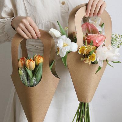 1Pc Handle Kraft Paper Flower Bags Flowers Wrapping Gift Flower Packaging Boxes For Home Wedding Party Decoration