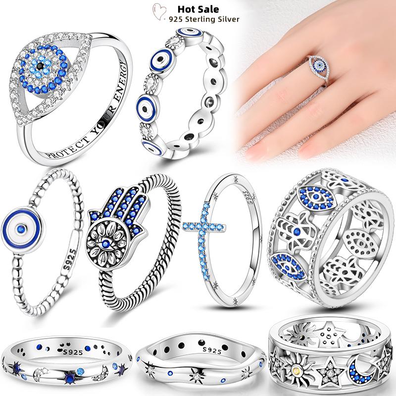 Blue Zircon Devil's Eye 925 Sterling Silver Rings for Women Couple Evil Hand Palm Star Moon Stackable Ring Party Charms Jewelry