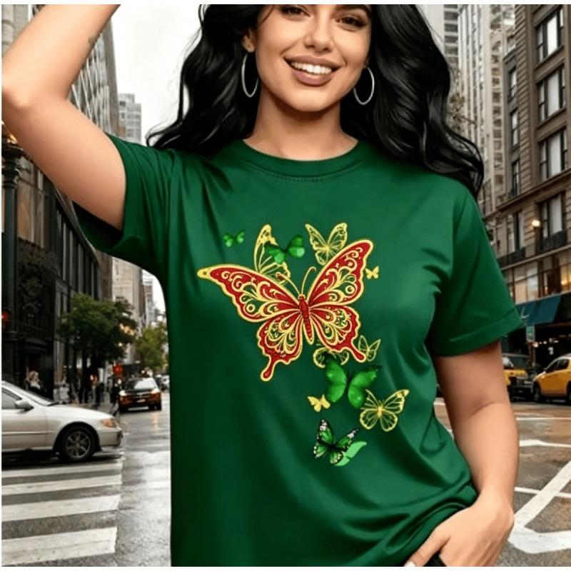 Women s round-neck floral and butterfly-print T-shirt with pockets S