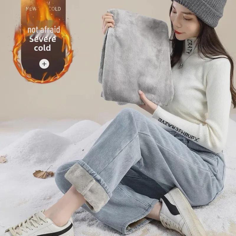 Plush High-Waisted Light Blue Wide-Leg Jeans for Women - Winter 2024, All-Match Straight Fit