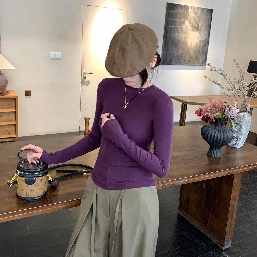 Women's Slimming Gray Crew Neck Long Sleeve T-shirt - Korean Style, Versatile Inner Layer for Autumn/Winter.