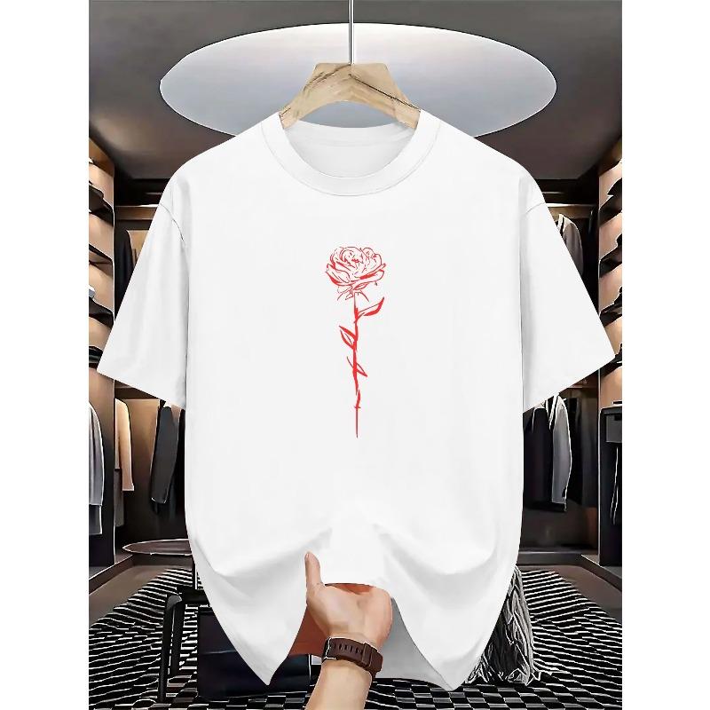 European sizes Men's Summer Short-Sleeve Round Neck T-Shirt - Casual & Sportswear Layering Base Shirt with Geometric Rose Print