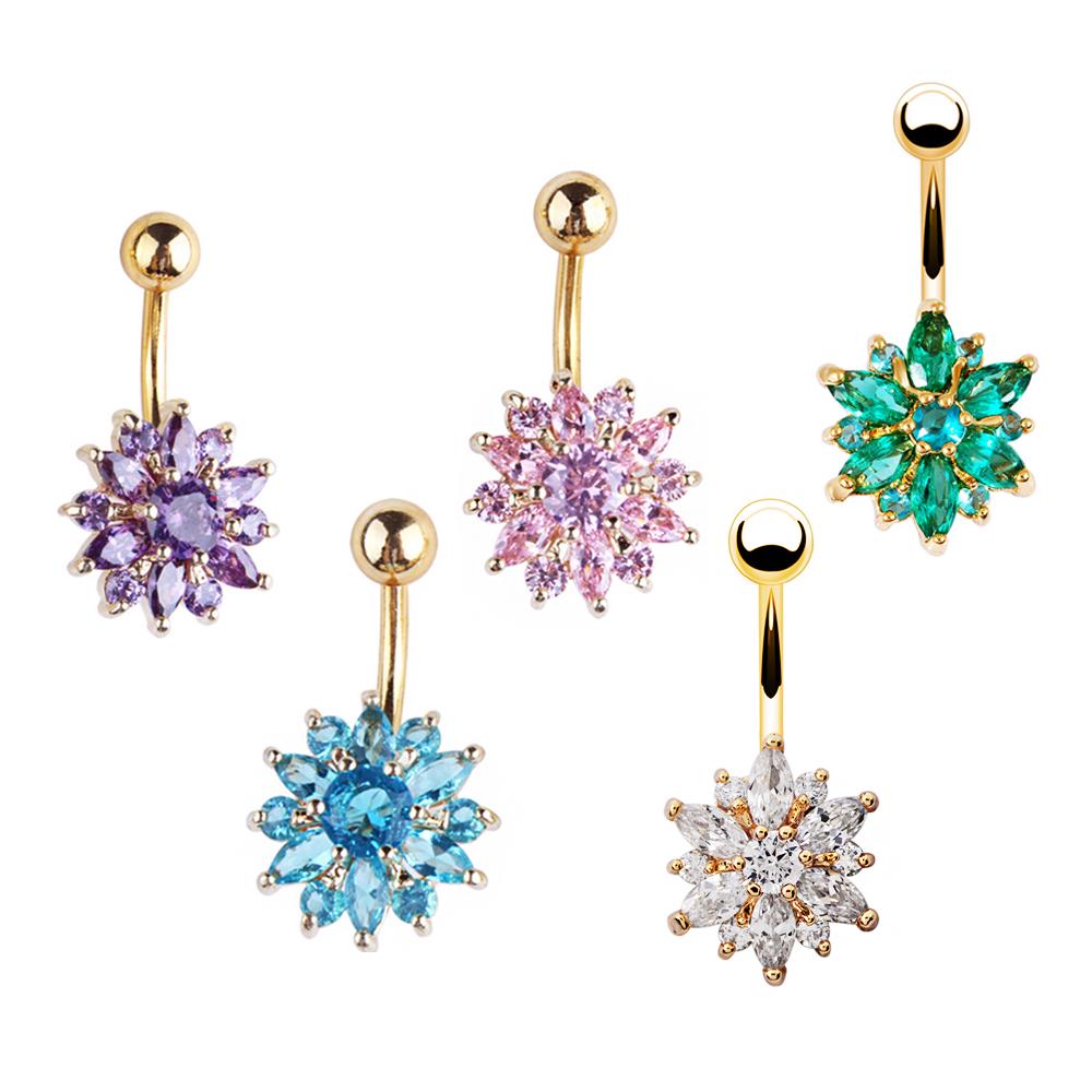 Flower Rhinestone Crystal Barbells Navel Belly Bar Button Ring Body Piercing Jewellery