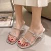 Bow Rhinestone Thick Heel Cool Slippers Women Wear 2025 Summer Fairy Style French Retro Toe High Heel Sandals