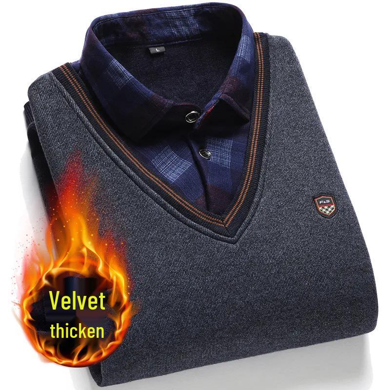 Men's Fleece-Lined Two-Piece Shirt Collar Sweater for Middle-Aged & Elderly