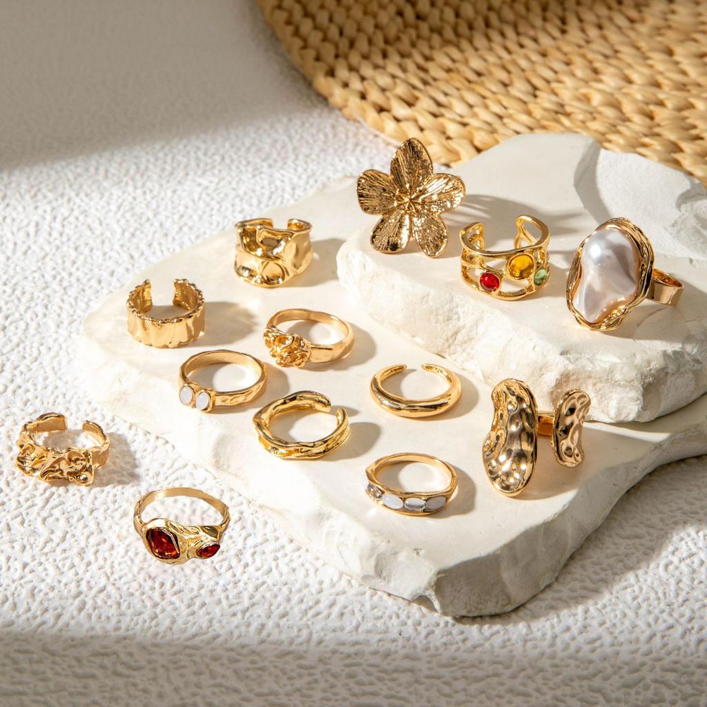 Accessories, Geometric Vintage Alloy Gemstone Ring, Liquid Lava Flower Irregular Ring Set