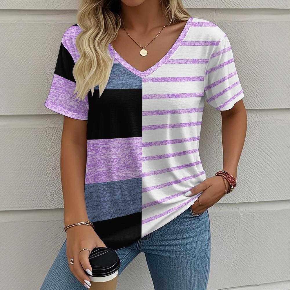 Summer Ladies Striped Printing Oversized T-Shirt Retro Fashion Casual V Collar Women Short-Sleeved T-Shirt