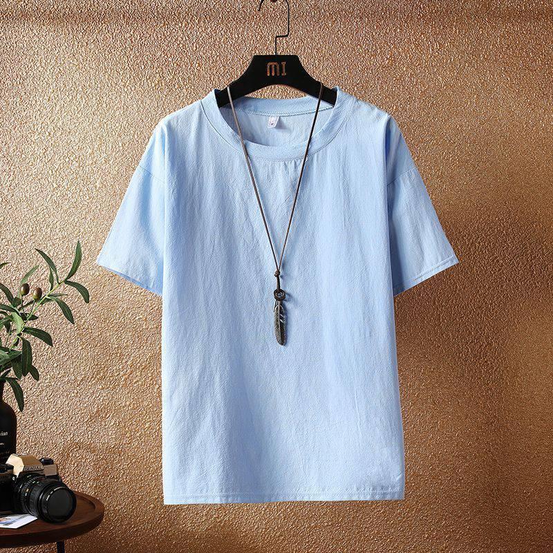 Men's Cotton-Linen Retro Loose Fit Short-Sleeve T-Shirt - Solid Color, Large Size, Round Neck
