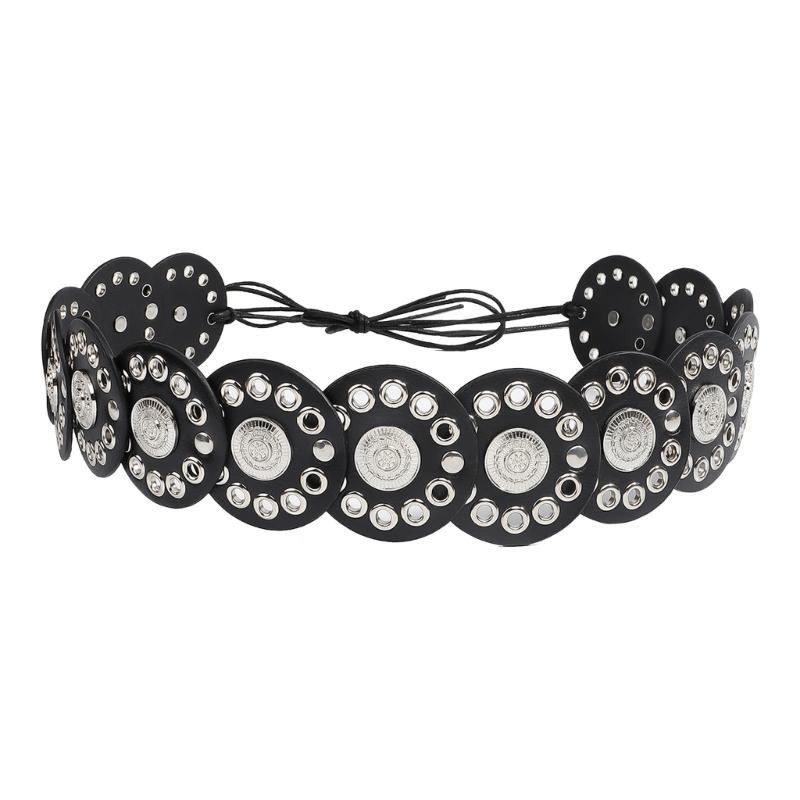 

Этнический Западный Широкий Дисковый Ремень из ПУ Кожи с Люверсами для Женщин Винтажный Пояс на Талию для Платьев и Юбок