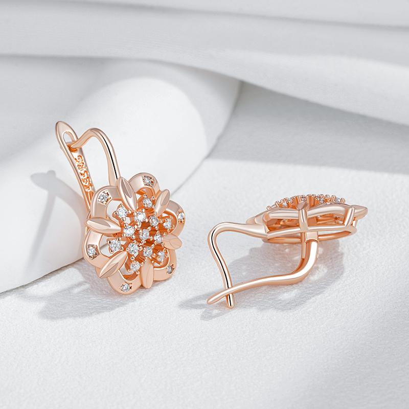 Crystal Flower Ethnic Bride Drop Earrings For Women  Rose Gold Color With Natural Zircon Accessories Daily Jewelry