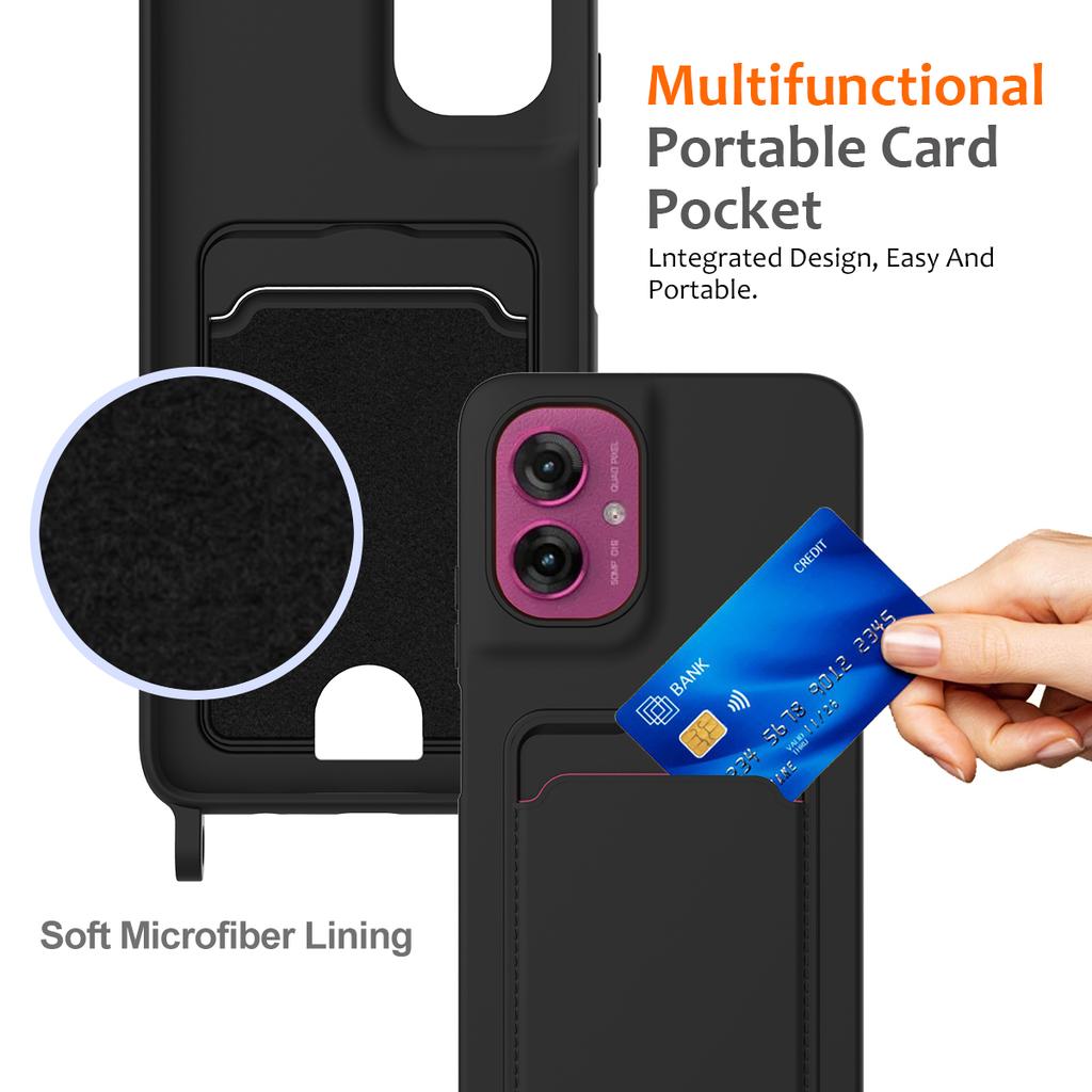 For Motorola Moto G55 5G Case Liquid Silicone Card Holder Back Phone Cover with Lanyard